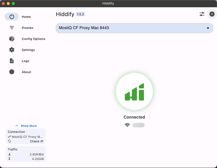 Кнопка добавления профиля в Hiddify на macOS